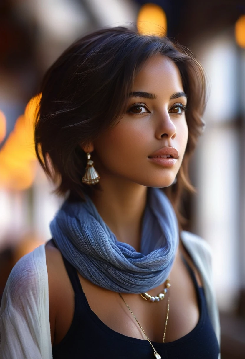 1girl, bellissima, brunette hair, brown eyes, blurry, blurry background, , brown hair, dark skin, from side, lips, long hair, looking at viewer, mole on cheek, necklace, realistic, scarf, short hair, solo, upper body, masterpiece, best quality, unreal_engine 32k