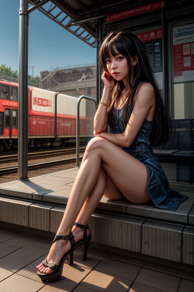 (araffe woman sitting on a bench at a train station with her legs crossed, a photorealistic painting by Yuumei, pixiv, graffiti, beautiful woman squatting, seductive woman, attractive woman, beautiful woman, beautiful alluring woman, woman in real life, the woman is crouching, beautiful woman, pretty woman, anime girl cosplay, red high-heels, long black hair). Masterpiece, best quality, 8K, photo realistic, wallpaper, wallpaper 8k, photographic contest winner, Hyperrealistic art cinematic film still photography in the style of detailed hyperrealism photoshoot. [Entire scene is surrounded by lights, evoking a magical and eerie atmosphere. The lighting is bright and atmospheric, with smoke adding a touch of sinister ambiance. Best quality image, HDR enhancement, showcasing the utmost level of detail and realism, full body shot:1.5]. [8K, Best Quality, Ultra High Resolution, (highly detailed CG unity 8k wallpaper), (best photo), (best shadows), isometric 3D, octane rendering, ray tracing, highly detailed, (Best quality, 4K, 8k:1.2), absurdity, ultra detailed, (realistic, photorealistic, photorealistic:1.37), complex parts, HDR, (complex parts:1.12), (hyper detailed, hyper realistic, Soft lighting, spicy:1.2), (complex parts, Hyper detailed:1.15). Blurred foreground. (backlit), masterpiece, high quality, brightness, chromatic aberration, foggy smoke, shadows, contrast, clear sky, (warm hue, warm tone), high details, natural reflections].