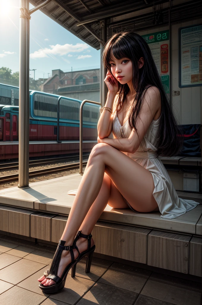 (araffe woman sitting on a bench at a train station with her legs crossed, a photorealistic painting by Yuumei, pixiv, graffiti, beautiful woman squatting, seductive woman, attractive woman, beautiful woman, beautiful alluring woman, woman in real life, the woman is crouching, beautiful woman, pretty woman, anime girl cosplay, red high-heels, long black hair). Masterpiece, best quality, 8K, photo realistic, wallpaper, wallpaper 8k, photographic contest winner, Hyperrealistic art cinematic film still photography in the style of detailed hyperrealism photoshoot. [Entire scene is surrounded by lights, evoking a magical and eerie atmosphere. The lighting is bright and atmospheric, with smoke adding a touch of sinister ambiance. Best quality image, HDR enhancement, showcasing the utmost level of detail and realism, full body shot:1.5]. [8K, Best Quality, Ultra High Resolution, (highly detailed CG unity 8k wallpaper), (best photo), (best shadows), isometric 3D, octane rendering, ray tracing, highly detailed, (Best quality, 4K, 8k:1.2), absurdity, ultra detailed, (realistic, photorealistic, photorealistic:1.37), complex parts, HDR, (complex parts:1.12), (hyper detailed, hyper realistic, Soft lighting, spicy:1.2), (complex parts, Hyper detailed:1.15). Blurred foreground. (backlit), masterpiece, high quality, brightness, chromatic aberration, foggy smoke, shadows, contrast, clear sky, (warm hue, warm tone), high details, natural reflections].