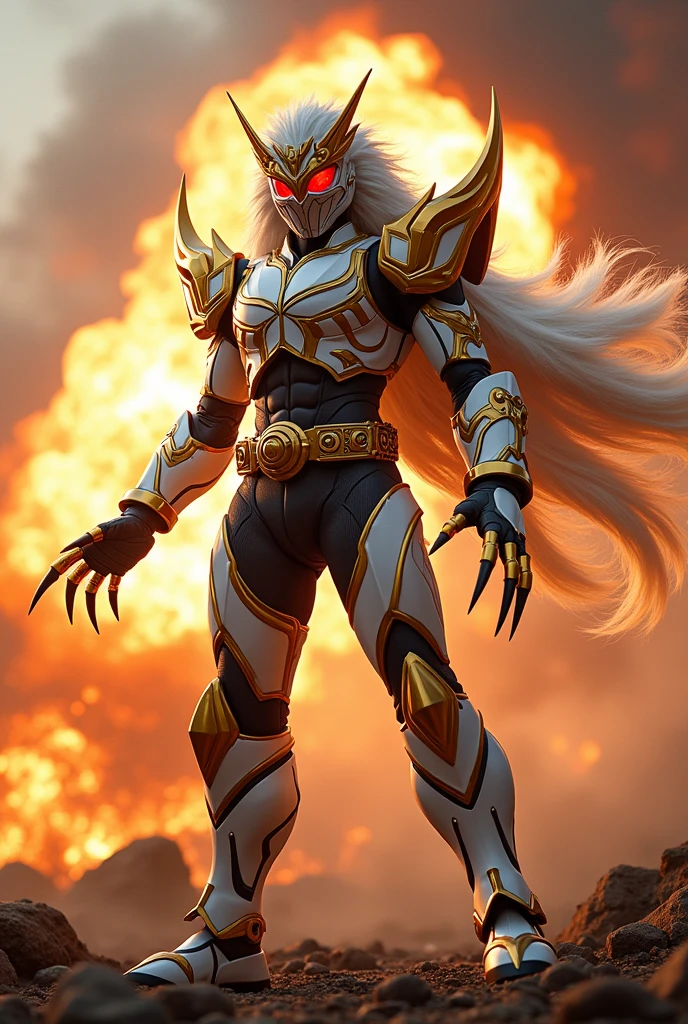 A Kamen Rider with a white base, gold decorative claws, long and sharp, and a lion-like mane. One hand thrust forward. Explosions in the background.