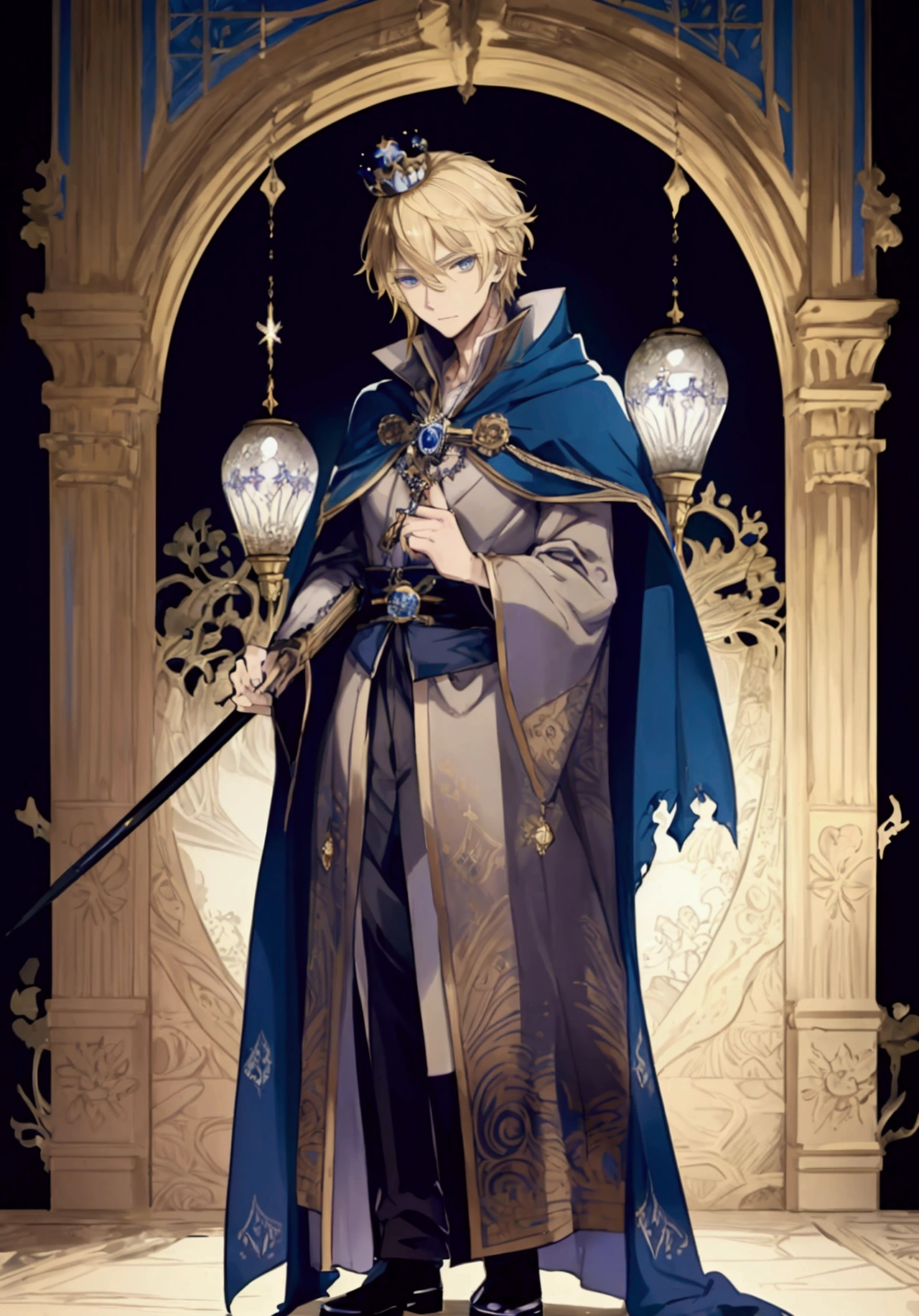 (Masterpiece), ((Highest Quality)),(Official Art),Dark epic:1.2),(1 solo male anime man: 1.3), A mature, serious king with straight yellow-blonde hair, blue eyes, intricate white and gold royal robe and cape, holy cross and religious patterns, wearing a royal crown and ornate sword, standing in a palace balcony, 19 years old. Detailed drawing. Detailed eyes. Masculine jaws. Soft fairytale picture book, Arthur Rackham. Colorful, best detailed ((super detailed)), (highly detailed 2D anime man illustration), ((epic and beautiful))  