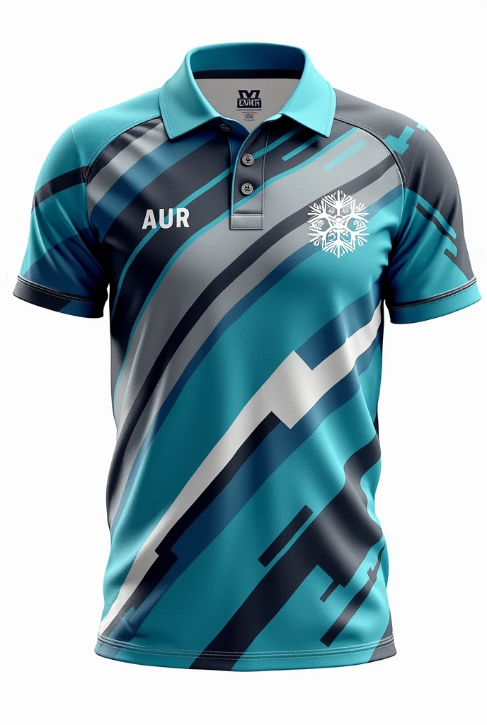 Design a collared, 3-button neckline. The center front should feature the word 'AUR'. On the back, center the player's name above their role. The theme color is blue, teal, gray, little bit of black, and white. The design should have a Little bit of "slash geometric shapes like spirals", "wind slashes", and "a lot of snowflakes pattern at the front".

