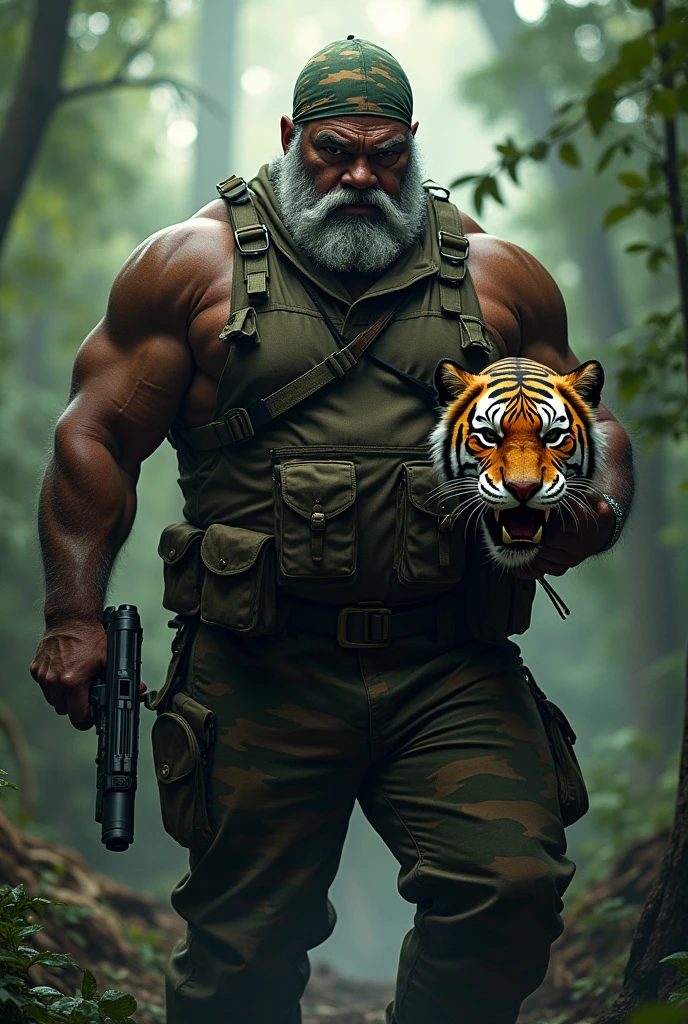 (a dark-skinned fat muscular bearded old man in camouflage diver suit) carrying a gun in right hand, (carrying realistic roaring tiger mask in left hand), (wearing army camouflage bandana), dynamic action pose, fierce expression, showcasing an imposing stature, surrounded by military elements, dramatic shadows and intense highlights, cinematic color tones, high detail, powerful, art influenced by Bruce Onobrakpeya and Stanley Artgerm, ultra-detailed, best quality image, action-packed atmosphere. fighting stance. jungle background
