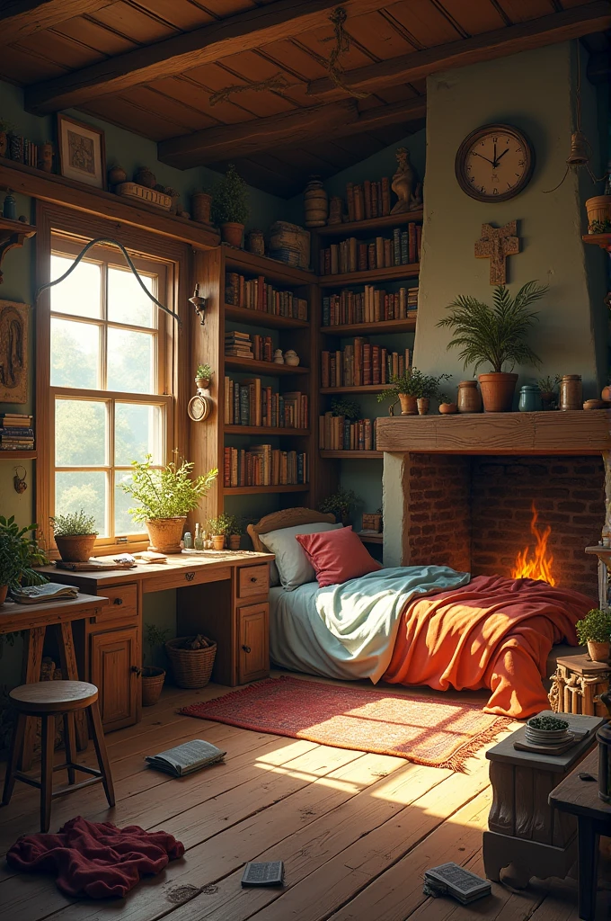 His room was a flood of scent—drying herbs, shelves filled with books, freshly cut wood for the hearth, cedarwood in various forms scattered across the floor, some half carved, others whittled to perfection. Clothes were thrown without aim, crumpled in corners and flung over furniture spines. His bed was large and unmade, its heavy quilt shoved to the foot of the mattress, as if kicked there. Messy, warm—a gentle chaos.