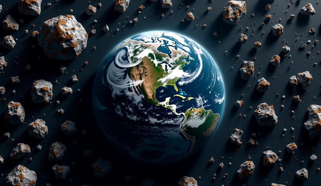 High resolution image of earth surrounded by space junks which is the broken parta of satelities, different sizes of metallic pieces. Picture of earth shoukd be realistic