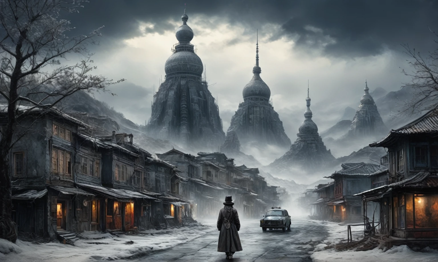 insane USSR ,pinhead, camouflage Rusty, Ambient in a meteorite ,graphite witch after a psychiatric clinic,winter,intricate landscape,slate grey atmosphere,film grain,faded,eyes extremely detailed,another world,ring of truth,view from height,once pretty face,eyebrow up,full body shot,ominous landscape, Simon Stalenhag,Nicola Samori,full body shot,beggar paladium The Alien Entity,Technicolor,natural skin textures, hyper realism, hyper detailed,Extremely detailed,High contrast,Masterpiece,Realistic,Ultra Detailed, intricate details,realistic humid leather,extremly intricate,Epic Realistic, cinematic style,irina yermolova,high contrast,hdr,extremely detailed, deep night landscape,masterpiece,intricate details,faded,eyes extremely detailed, high detailed eyes,8k resolution,RAW,retina, Nikon Z9,China,Guangxi Zhuang of China,tkt style,ears perfect, transition between two art styles, Ink painting to photorealism, Double contact, X-ray, Creative, vivid light, masterpiece, fantasy, Abstract Surrealism, super detailed, high resolution, stop:35;Her skin is pale, almost translucent,ancient rock,a hot air soars through the layers of clouds, revealing a colossal and enigmatic cityscape nestled within. The buildings in this ethereal city are adorned with intricate details and exude an aura of mystery. Above the cityscape, lend an enchanting touch to the scene. steampunk. The intricate mechanics create a sense of wonder and fascination, as if stepping into a dreamlike realism