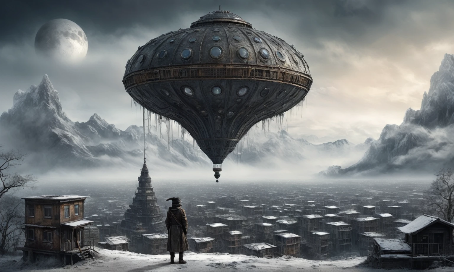 insane USSR ,pinhead, camouflage Rusty, Ambient in a meteorite ,graphite witch after a psychiatric clinic,winter,intricate landscape,slate grey atmosphere,film grain,faded,eyes extremely detailed,another world,ring of truth,view from height,once pretty face,eyebrow up,full body shot,ominous landscape, Simon Stalenhag,Nicola Samori,full body shot,beggar paladium The Alien Entity,Technicolor,natural skin textures, hyper realism, hyper detailed,Extremely detailed,High contrast,Masterpiece,Realistic,Ultra Detailed, intricate details,realistic humid leather,extremly intricate,Epic Realistic, cinematic style,irina yermolova,high contrast,hdr,extremely detailed, deep night landscape,masterpiece,intricate details,faded,eyes extremely detailed, high detailed eyes,8k resolution,RAW,retina, Nikon Z9,China,Guangxi Zhuang of China,tkt style,ears perfect, transition between two art styles, Ink painting to photorealism, Double contact, X-ray, Creative, vivid light, masterpiece, fantasy, Abstract Surrealism, super detailed, high resolution, stop:35;Her skin is pale, almost translucent,ancient rock,a hot air soars through the layers of clouds, revealing a colossal and enigmatic cityscape nestled within. The buildings in this ethereal city are adorned with intricate details and exude an aura of mystery. Above the cityscape, lend an enchanting touch to the scene. steampunk. The intricate mechanics create a sense of wonder and fascination, as if stepping into a dreamlike realism