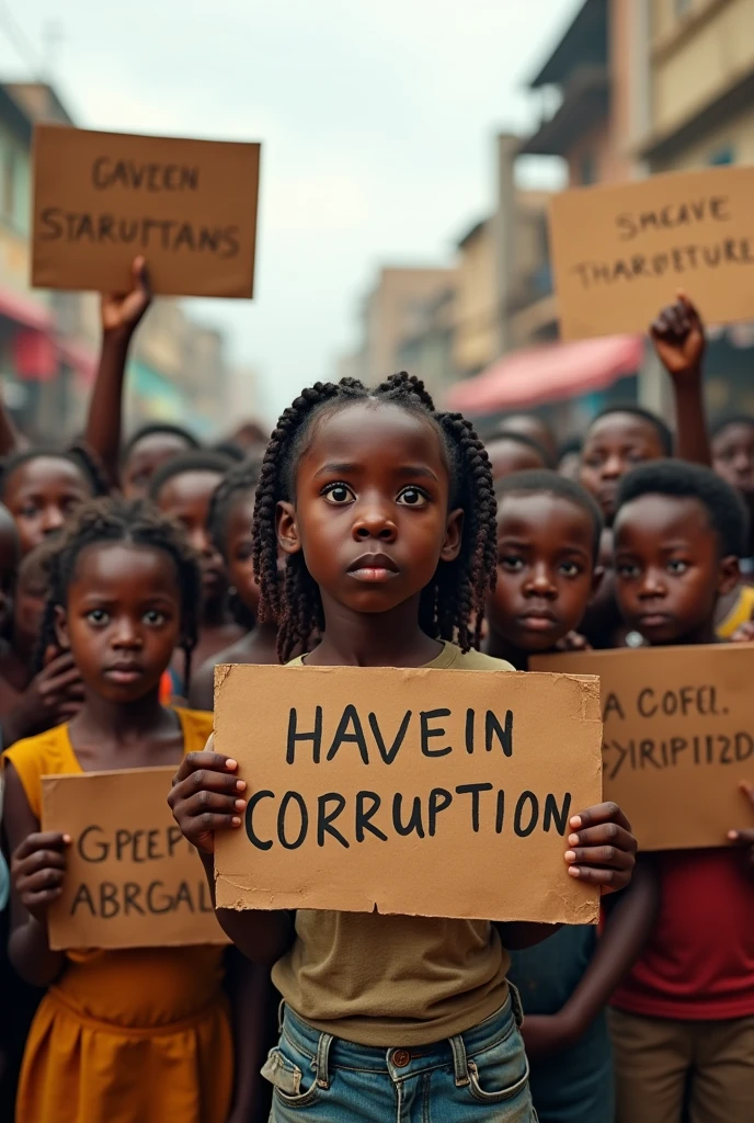 African children holding posters looking worried and saying no to corruption 