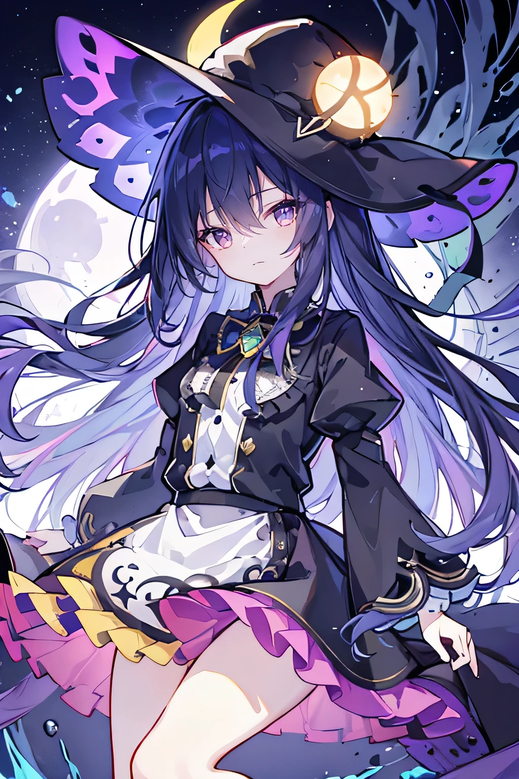 oung Girls,Humanity,A magician always smiles,big witch hat,cute,dark blue long hair,The eyes are dull,The bangs are heavy,Thin eyebrows,fantasy,intake,Double teeth,Star Theme,Constellation pattern,Solid color clothetal decoration,cloak,A bit of a dark atmosphere,A little crazy smile,When the big moon shines outside at night,blood,Hair black star embellishment,Short tie,No nails,High waist skirt,Bell sleeves,Long-sleeved shirt,Black tie,low risk,gentlemen。Mist、Yellow and white effect,Shocking pink as an accent color