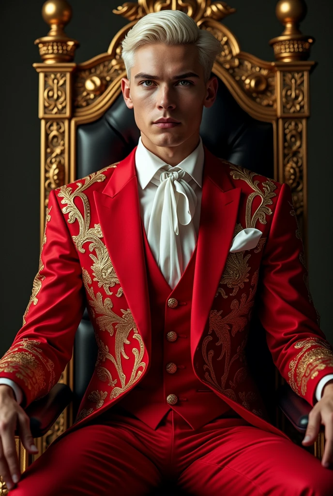 A young man in a beautiful red suit with a beautiful design sits on a throne and has a fixed lighting composition with serious glare and beautiful details. Her hair color is platinum blonde and she has a blank expression.. Only the upper body is visible.