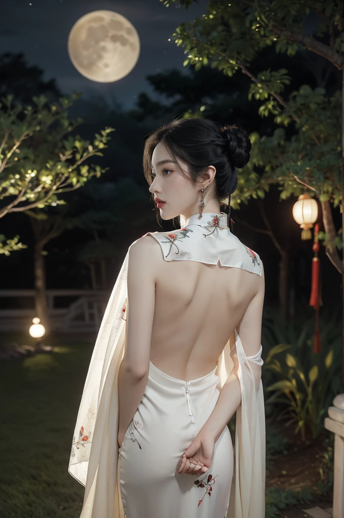 (((best quality))),(((ultra detailed))),(((masterpiece))),illustration,((1 beautiful girl,solo)),(bun hair:1.2),(Ghostly makeup:1.3),(fair skin:1.5),(red lips:1.2),(earrings:1.2),((slim,thin)),((small breasts,flat chest)),(black floral embroidered short sheer cheongsam:1.5),(slender legs:1.2),(standing:1.3),(moonlit garden courtyard:1.3),(Ghost Festival:1.3),elegant and sophisticated,intricate patterns,curves,dark color,striking visual appeal,ethereal,enchanting,ghostly white blossoms,swaying branches,stone pathways,moss,eerie shadows,ancient pavilion,intricate wooden structure,mystery and intrigue,cicadas chirping,auditory symphony,embodiment of the festival's spirit,bathed in the moon's glow,delicate features,raven-black hair,waterfall of darkness,moon's luminance,captivating allure,sleek fabric,clung to frame,accentuating curves,highlighting beauty,striking appearance,ethereal beauty,hauntingly beautiful scene,captured essence,blend of beauty and mystery,(night scene:1.3),((from front,upper body))