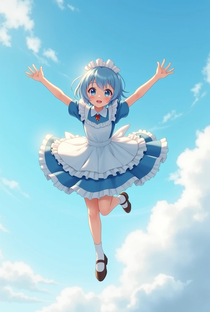 Rem in a maid outfit、Flying like Superman、Light blue hair、Short Hair
