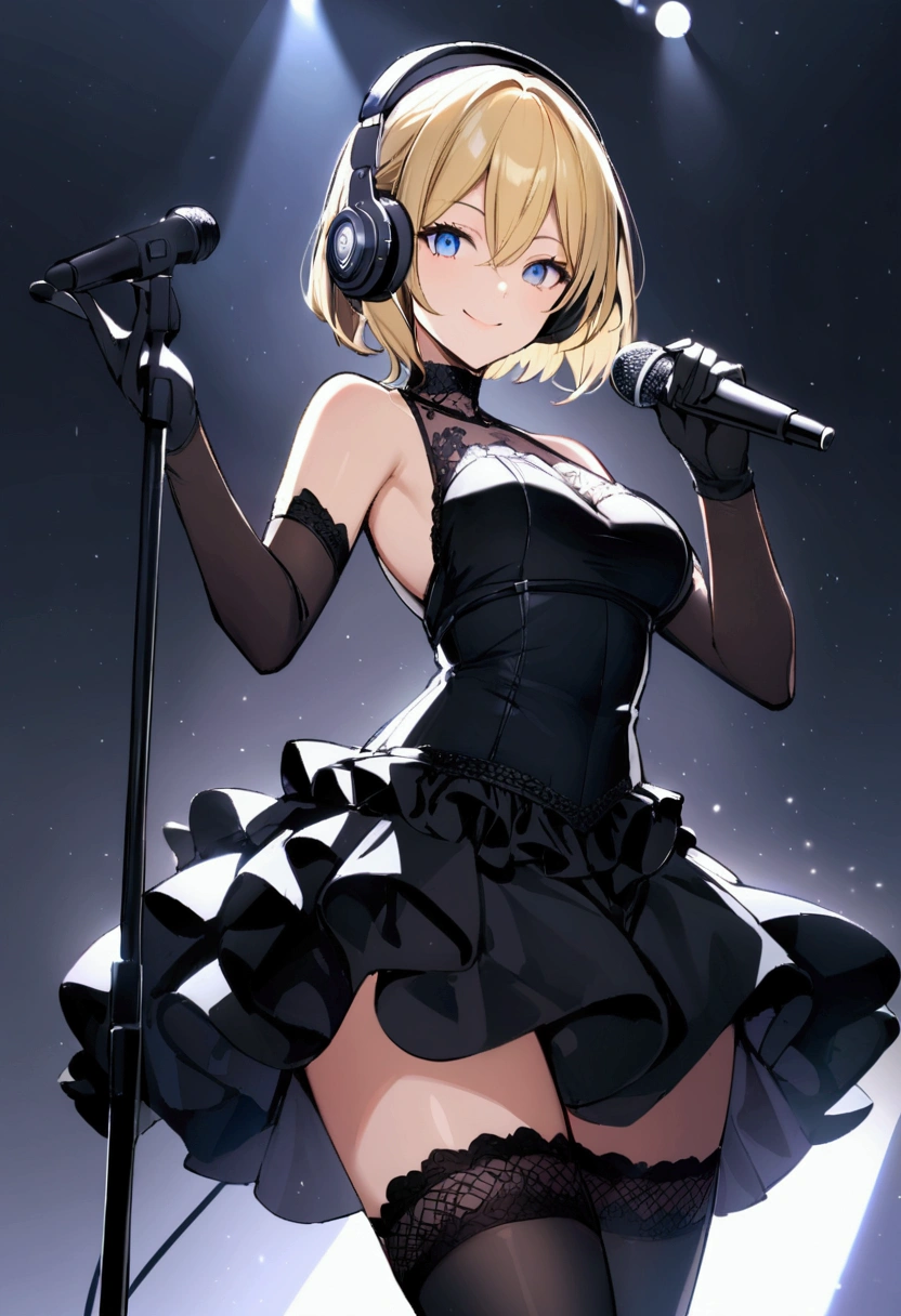 slender, mature female,1girl, microphone, rating:safe, solo, thighhighs, gloves, blonde_hair, black_gloves, skirt, black_legwear, short_hair, cowboy_shot, sleeveless, smile, looking_at_viewer, blue_eyes, headphones, bare_shoulders, standing, holding, zettai_ryouiki, hair_between_eyes, microphone_stand, dress, bangs, holding_microphone, black_skirt, lace, breasts, frills, elbow_gloves, black_dress,