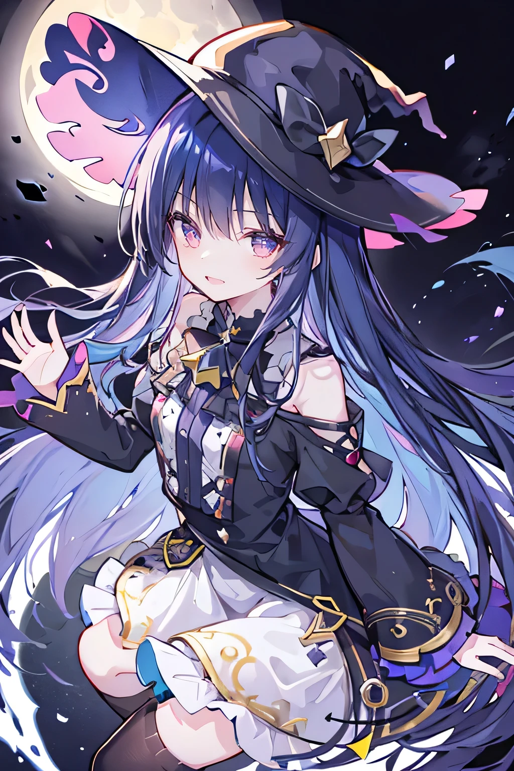 oung Girls,Humanity,A magician always smiles,big witch hat,cute,dark blue long hair,The eyes are dull,The bangs are heavy,Thin eyebrows,fantasy,intake,Double teeth,Star Theme,Constellation pattern,Solid color clothetal decoration,cloak,A bit of a dark atmosphere,A little crazy smile,When the big moon shines outside at night,blood,Hair black star embellishment,Short tie,No nails,High waist skirt,Bell sleeves,Long-sleeved shirt,Black tie,low risk,gentlemen。Mist、Yellow and white effect，Shocking pink as an accent color