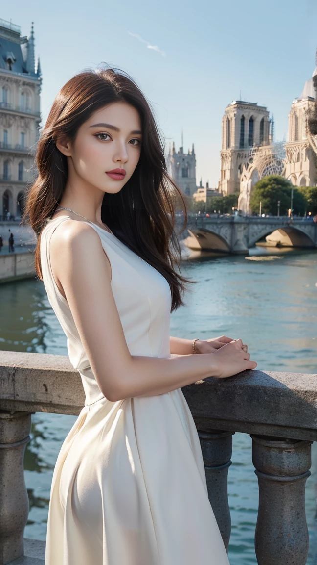 High resolution professional photos of beautiful professional models, Parisian fashion model with Notre Dame in the background, Wear it this season'The hottest fashion trends, High fashion and colorful designs from various designers. That setting: It's luxurious and modern.., With nature, The bright lights make the colors of the costumes and models stand out even more..'Enchanting presence.