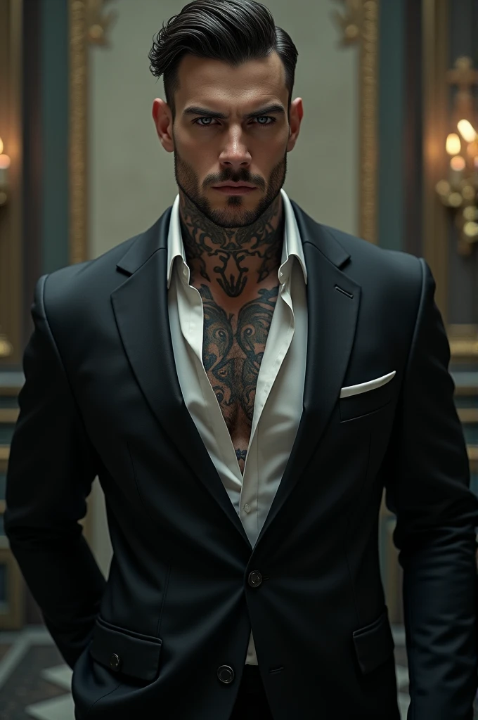 a white man, high, handsome, elegant, with muscles,vestido de traje elegant, with tattoos on arms and chest, grey eyes, short black hair, splattered nose, Cold look
