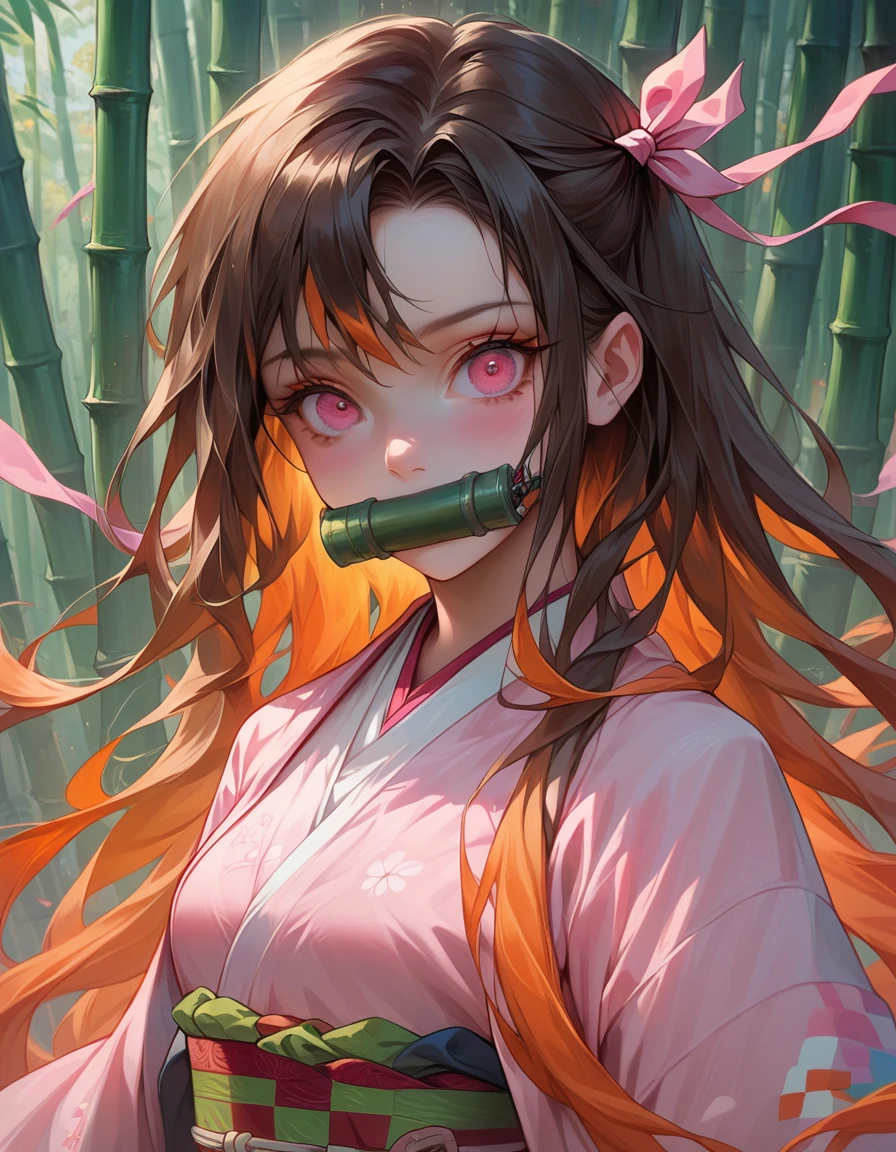 (((masterpiece))), nezuko, 1girl, bamboo, bit gag, brown hair, checkered sash, gag, gagged, gradient hair, hair ribbon, haori, japanese clothes, kimono, long hair, looking at viewer, multicolored hair, orange hair, pink eyes, pink kimono, pink ribbon, ribbon, solo, upper body,