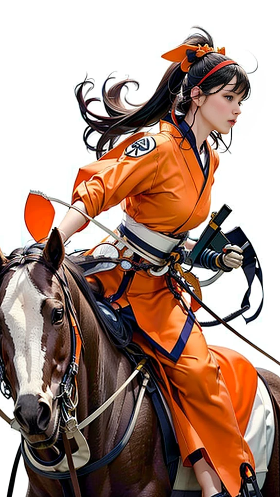 Only one woman,Pretty woman with a bow、((Pure white background))、（ride a horse), (Pull the string to its limit) , (Orange Kimono) , Chest protector,headband, Long black hair, (Masterpiece Top quality:1.2) Delicate illustrations, Very detailed, (Galloping Horse), (Realistic Horses) , Pasture, Japan, noon