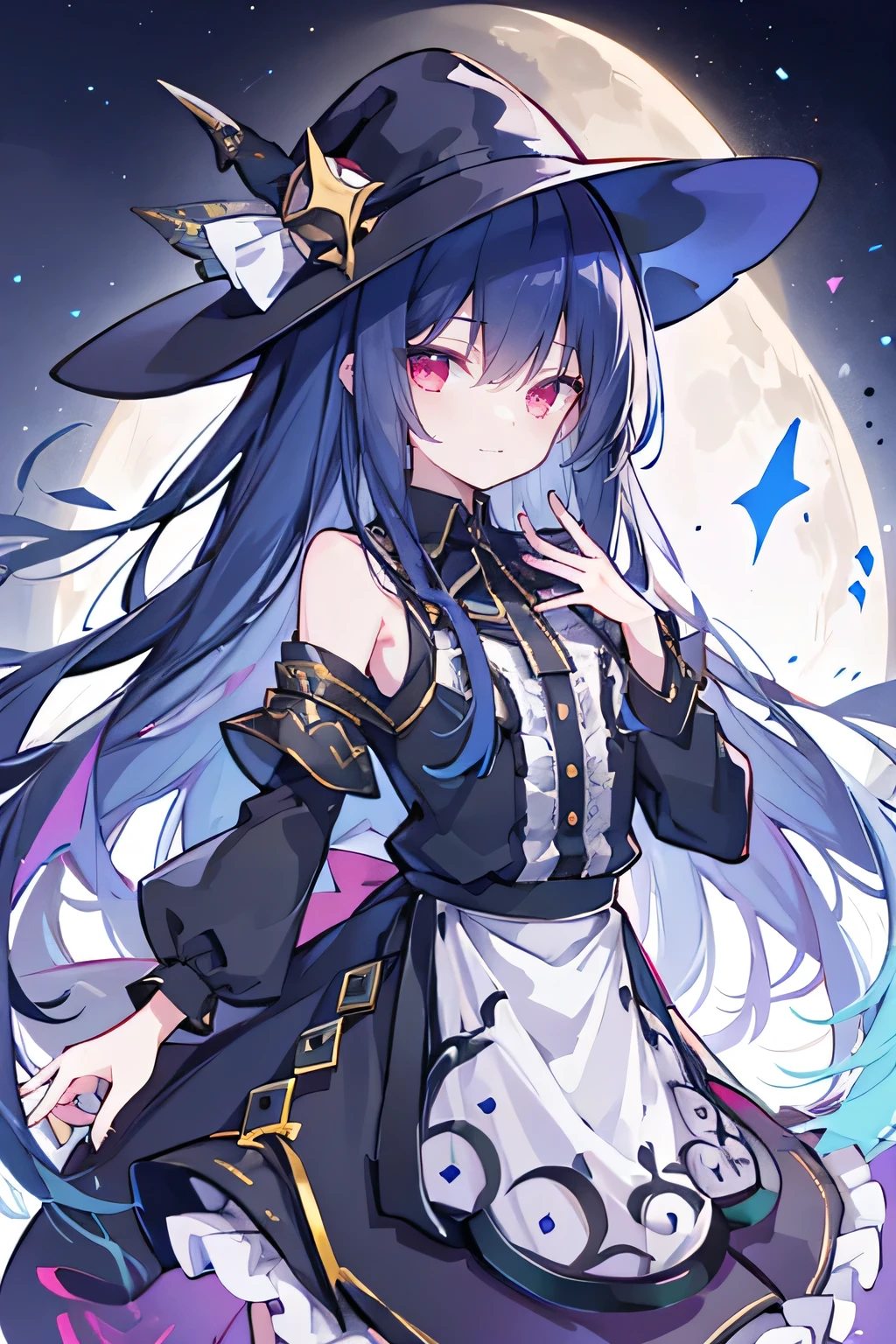 oung Girls,Humanity,A magician always smiles,big witch hat,cute,dark blue long hair,The eyes are dull,The bangs are heavy,Thin eyebrows,fantasy,intake,Double teeth,Star Theme,Constellation pattern,Solid color clothetal decoration,cloak,A bit of a dark atmosphere,A little crazy smile,When the big moon shines outside at night,blood,Hair black star embellishment,Short tie,No nails,High waist skirt,Bell sleeves,Long-sleeved shirt,Black tie,low risk,gentlemen。Mist、Yellow and white effect,Shocking pink as an accent color