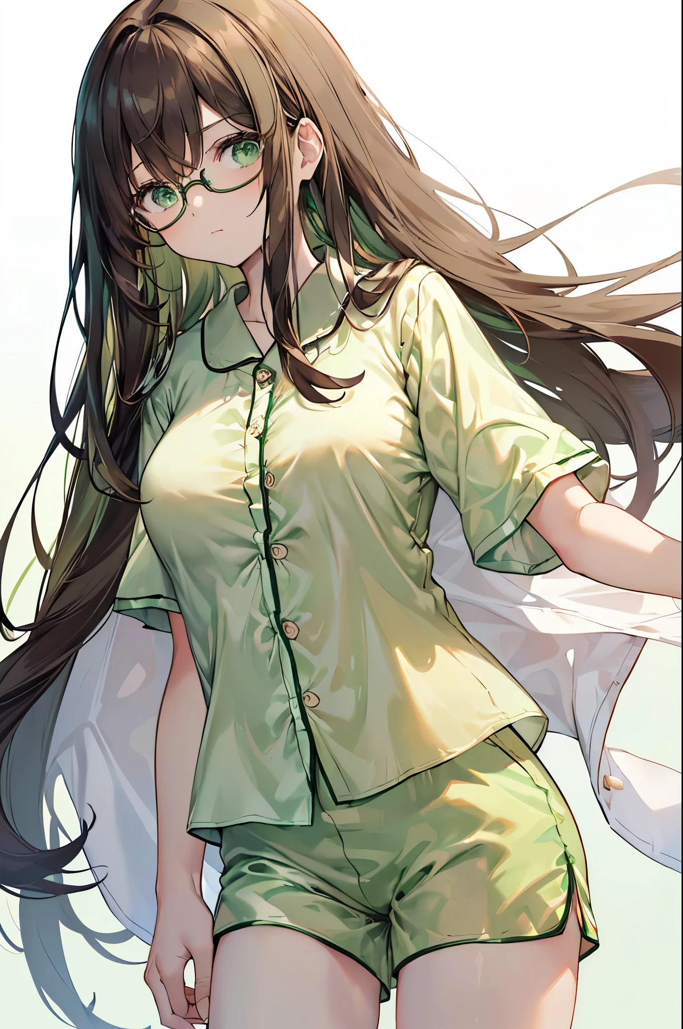 {{masterpiece}}, The best quality of life, 、((Dark brown long hair)) 、 Cute female, (Green Eyes）、Expressionless adult woman、((White background))、tall、One woman with good style、Large Breasts、(((Light green pajamas、Silk short sleeves、shirt、Shorts)))、Thin glasses