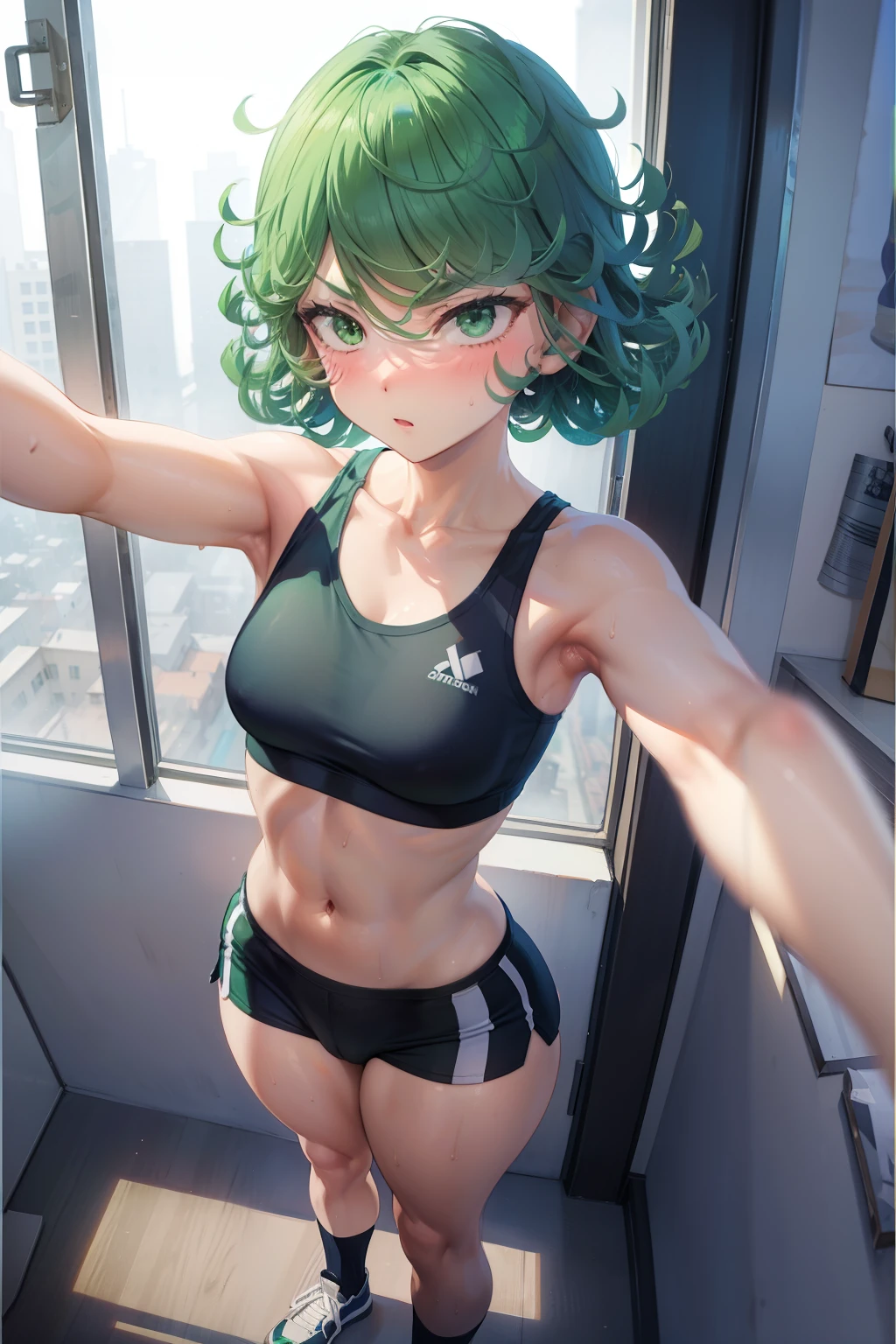 Tatsumaki ,1girl , anime , masterpiece  , green color hair  , sweat , sexy , sport bra , small  breasts , sexy,  dolphin shorts  , long socks , shy , blush , sexy body  , bodybuilding gym   . Standing , selfie 