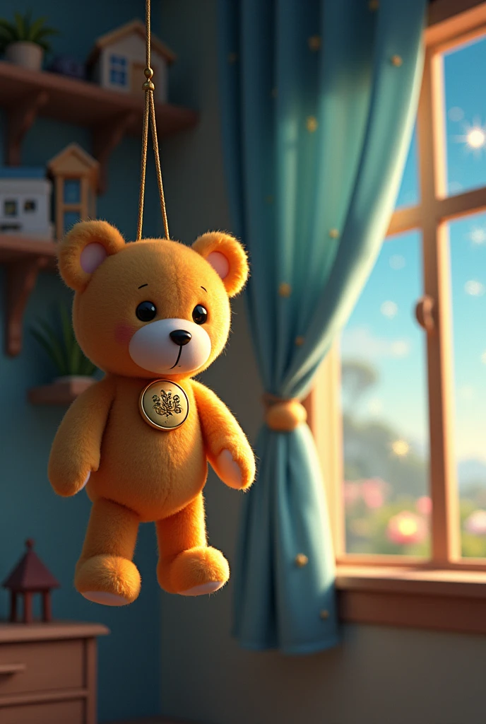 On a shelf in the corner of a simple house, a medium-sized stuffed teddy bear with round eyes was hanging from its neck. A gold button on its school uniform with a leaf-shaped bump in the middle was strung on a string.、A fantastical landscape sparkling with light peeking through the window curtains