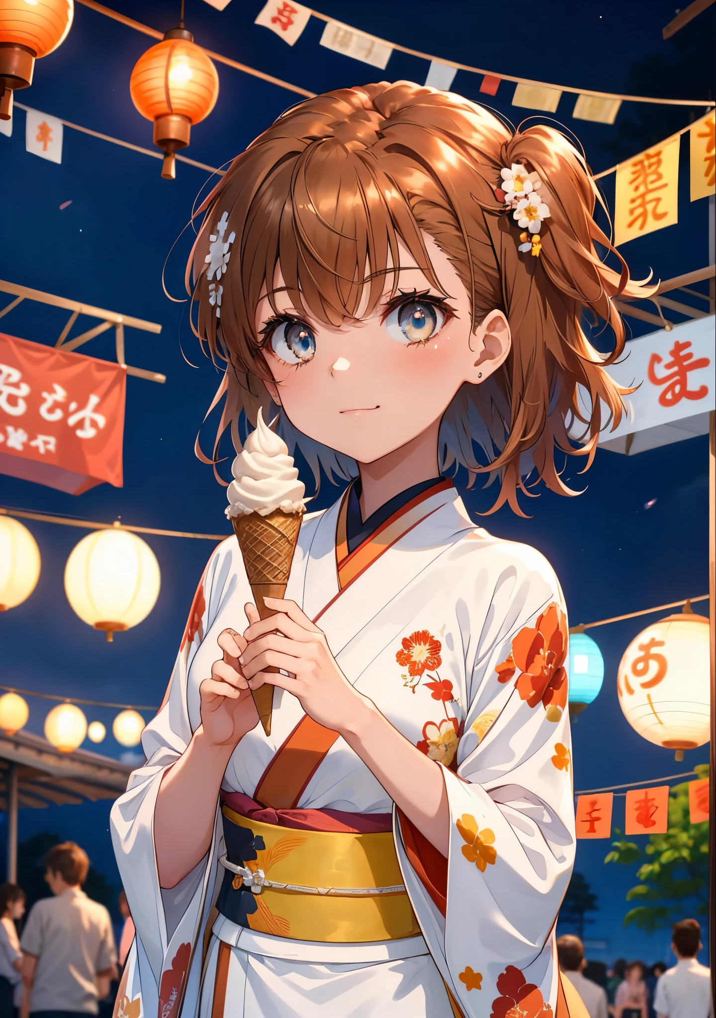 Mycotrose, Brown eyes,Brown Hair,short hair,One side up,Flower Hair Ornaments,smile,White Kimono,Holding ice cream in one hand,日本のfestival,夏festivalの屋台,Red lantern,whole bodyがイラストに入るように,night,
break looking at viewer,whole body, break outdoors, festival,shrine, break (masterpiece:1.2), Highest quality, High resolution, unity 8k wallpaper, (shape:0.8), (Beautiful and beautiful eyes:1.6), Highly detailed face, Perfect lighting, Extremely detailed CG, (Perfect hands, Perfect Anatomy),