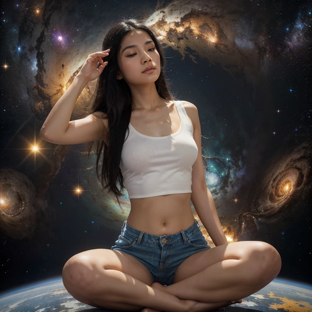 Create an image that represents spiritual governance, self-control, and harmony with the universe. The perspective should be from a low angle, depicting a full-body view of a young Thai-Chinese woman meditating in space. She has long, tousled black hair, is barefoot, and wears a sleeveless white top paired with denim shorts. The background should feature a vibrant cosmic scene, with a wall covered in a lively universe of gold, purple, and orange hues. The image should convey themes of philosophy, enlightenment, and spiritual awakening.