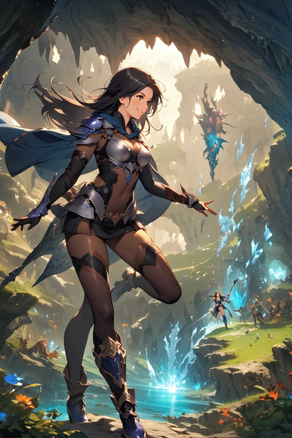 One Woman,20-year-old,((smile)),((Micro Skirt, bodysuit and short cloak,,(Black Hair,((Fantasy,cave))