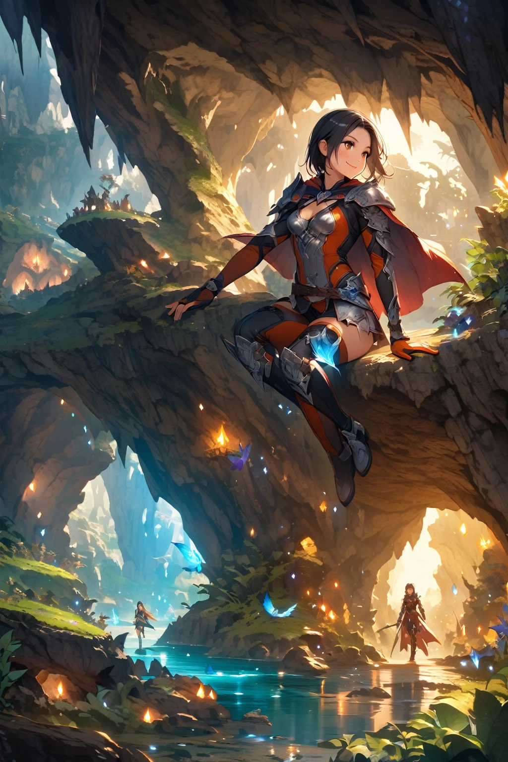 One Woman,20-year-old,((smile)),((Micro Skirt, bodysuit and short cloak,,(Black Hair,((Fantasy,cave))