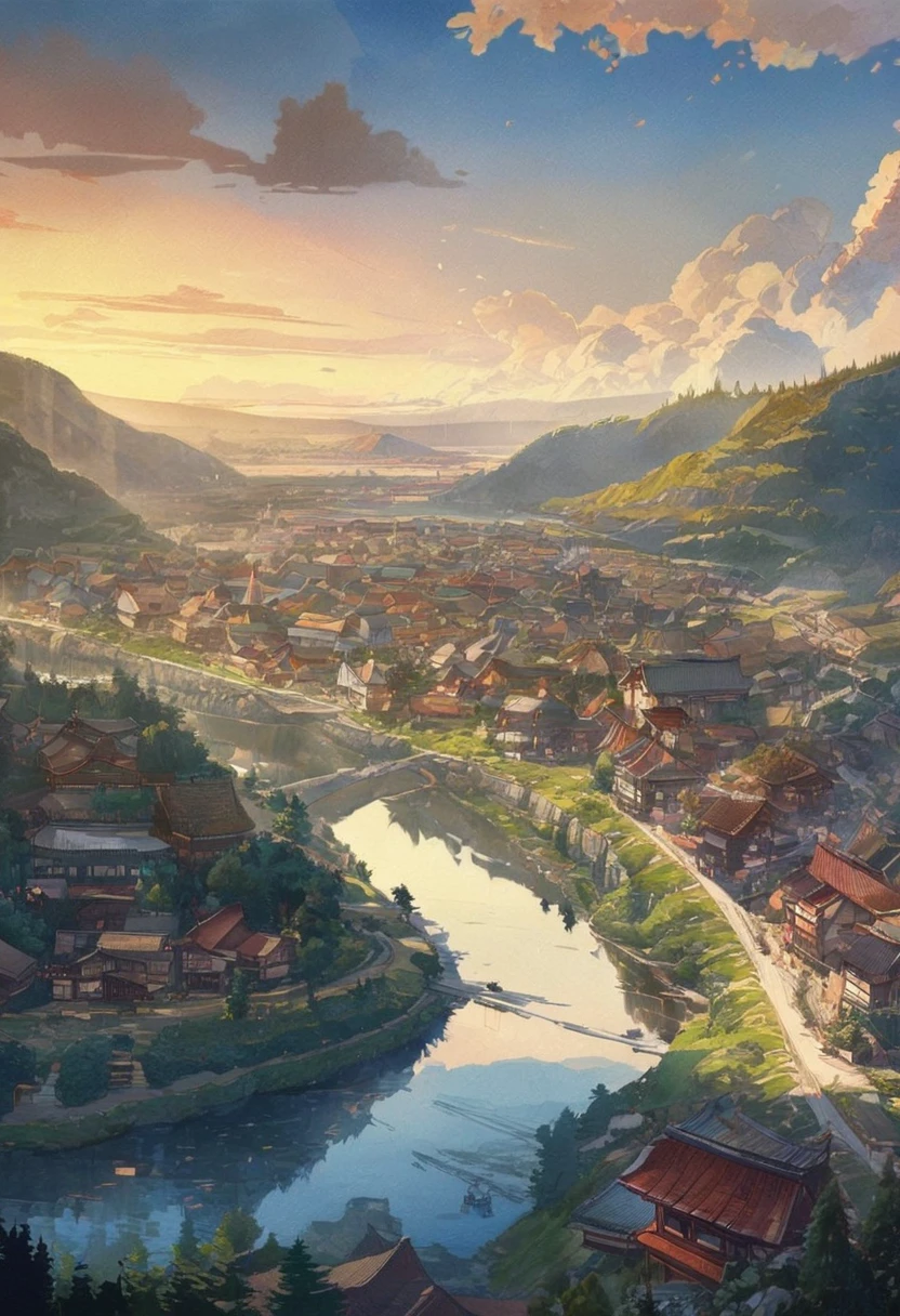 Masterpiece,highest quality,super definition,high definition background,8K,hi-res,high quality,BREAK,Japanese cartoon style,sketch,watercolor. High quality masterpiece, landscape, anime, japanese town, traditional town, bright stars, BREAK romantic old town, null, concept art, roffi art style, reflection. by Makoto Shinkai, roffi art, beautiful anime landscape, BREAK anime landscape, detailed landscape, Makoto Shinkai style, Makoto Shinkai style, enhanced details, BREAK,detailed,realistic,4K high definition digital art, octane rendering,bioluminescence,BREAK 8K resolution,concept art,realism,by Mappa Studios,masterpiece,top quality,official art,illustration,ligne claire ,(cool_Farbe), perfect composition,absurd,fantasy,concentration,rule of thirds,high detail,animation,animation style,shine,film lighting,rays of the gods,shine,reflected light,approaching,lens flare,masterpiece,high detail,top quality,super detailed,high quality,. Animated background, animated wallpaper, sunny, bright blue, dramatic lighting, very pretty incoming clouds, hometown, hometown town, summer vacation, memories, summer memories, homecoming, countryside, country town