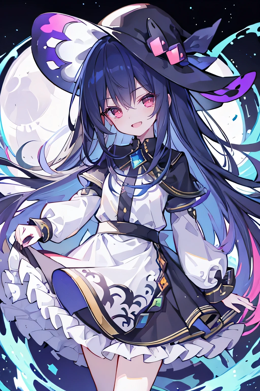 oung Girls,Humanity,A magician always smiles,big witch hat,cute,dark blue long hair,The eyes are dull,The bangs are heavy,Thin eyebrows,fantasy,intake,Double teeth,Star Theme,Constellation pattern,Solid color clothetal decoration,cloak,A bit of a dark atmosphere,A little crazy smile,When the big moon shines outside at night,blood,Hair black star embellishment,Short tie,No nails,High waist skirt,Bell sleeves,Long-sleeved shirt,Black tie,low risk,gentlemen。Mist、Yellow and white effect,Shocking pink as an accent color