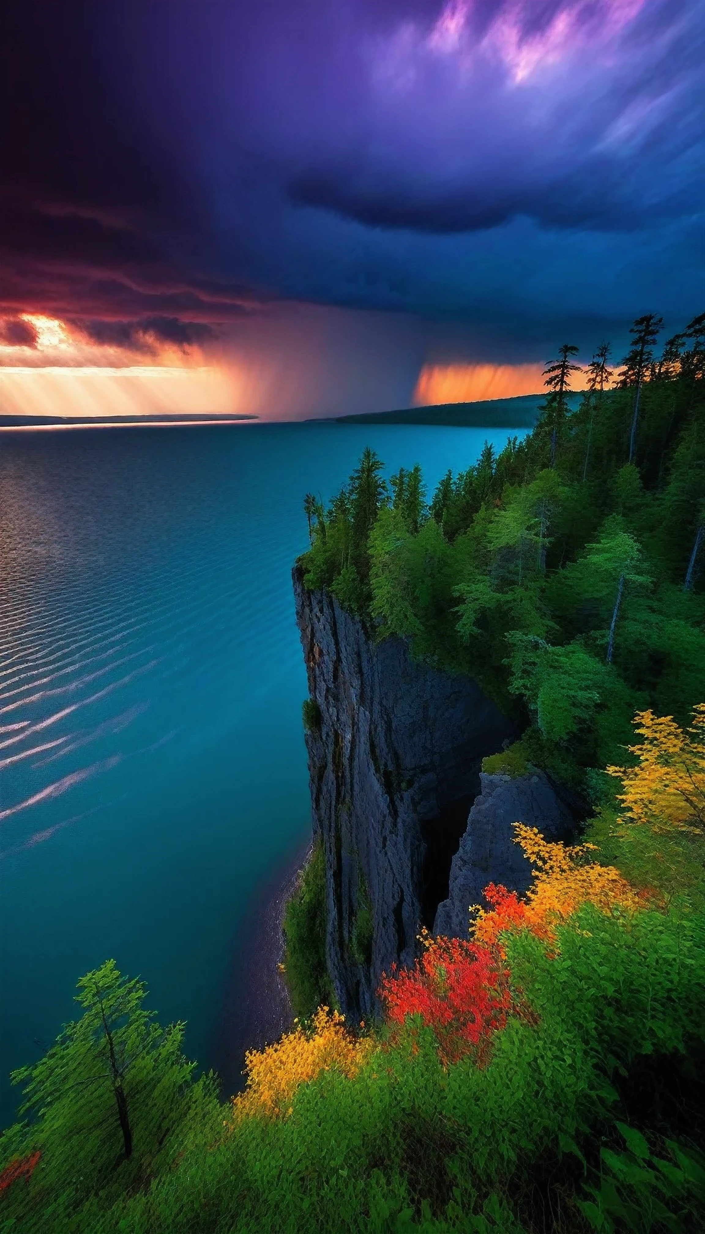 Stormy day,dark black cloud, windy,scenic landscape, cliff, lake, forest, sunrise, beautiful sky, few clouds,vibrant colors,dramatic lighting,highly detailed,serene,tranquil,picturesque,stunning,breathtaking
