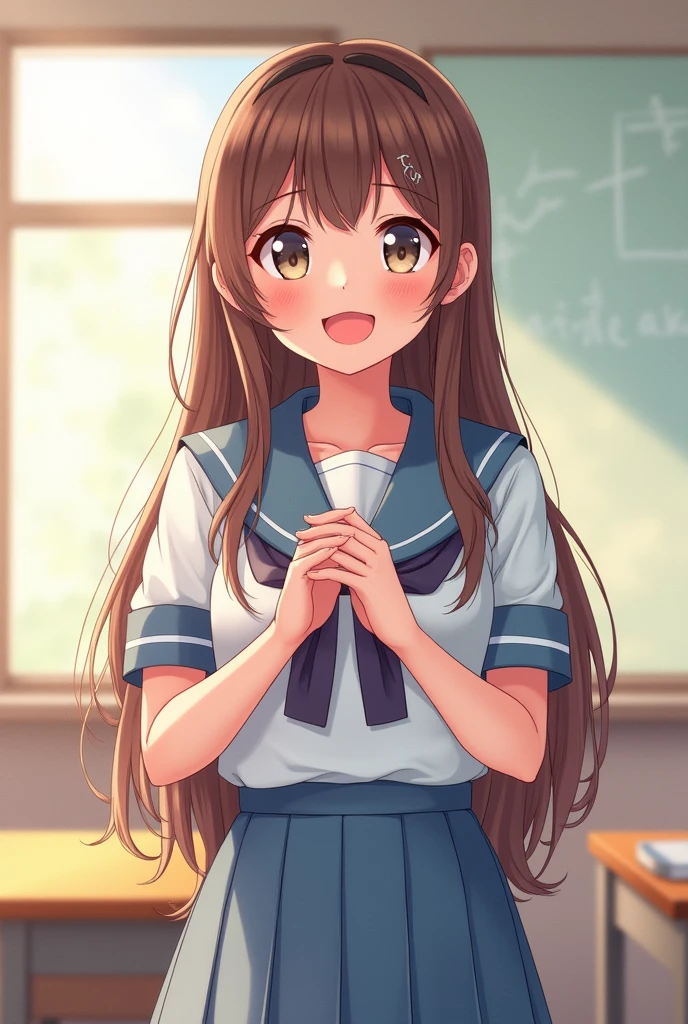 ((masterpiece)), (best quality), high resolution, (ultra-detailed), (8k), caustics, cinematic lighting, perfect anatomy, sharp focus, beautiful detailed eyes, beautifully detailed lip, beautifully detailed hair, super detailed skin, Whimsical watercolor illustration style, Soft pastel palette, Summer-inspired color palette, Character interacting with the environment, official art, 1 girl, upper body, classroom background, soft lighting, Soft pastel palette, Summer-inspired color palette BREAK standing, hands clasped, wide eyes, (big smile), gleeful expression, long brown hair, (natural makeup:1.2), small breast, slender, school uniform, from front