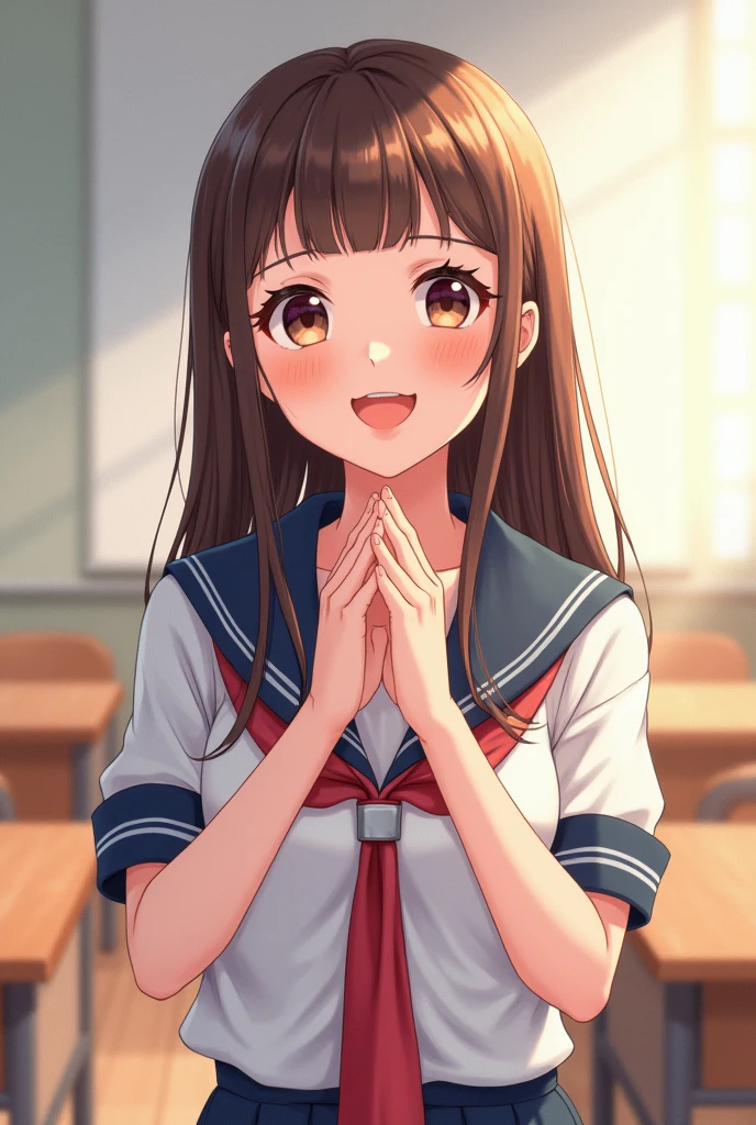 ((masterpiece)), (best quality), high resolution, (ultra-detailed), (8k), caustics, cinematic lighting, perfect anatomy, sharp focus, beautiful detailed eyes, beautifully detailed lip, beautifully detailed hair, super detailed skin, Whimsical watercolor illustration style, Soft pastel palette, Summer-inspired color palette, Character interacting with the environment, official art, 1 girl, upper body, classroom background, soft lighting, Soft pastel palette, Summer-inspired color palette BREAK standing, hands clasped, wide eyes, (big smile), gleeful expression, long brown hair, (natural makeup:1.2), small breast, slender, school uniform, from front
