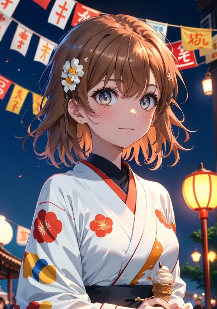 Mycotrose, Brown eyes,Brown Hair,short hair,One side up,Flower Hair Ornaments,Open your mouth,smile,White Kimono,Holding ice cream in one hand,日本のfestival,夏festivalの屋台,Red lantern,whole bodyがイラストに入るように,night,
break looking at viewer,whole body,                 　　　　　break outdoors, festival,shrine,                                                             break (masterpiece:1.2), Highest quality, High resolution, unity 8k wallpaper, (shape:0.8), (Beautiful and beautiful eyes:1.6), Highly detailed face, Perfect lighting, Extremely detailed CG, (Perfect hands, Perfect Anatomy),