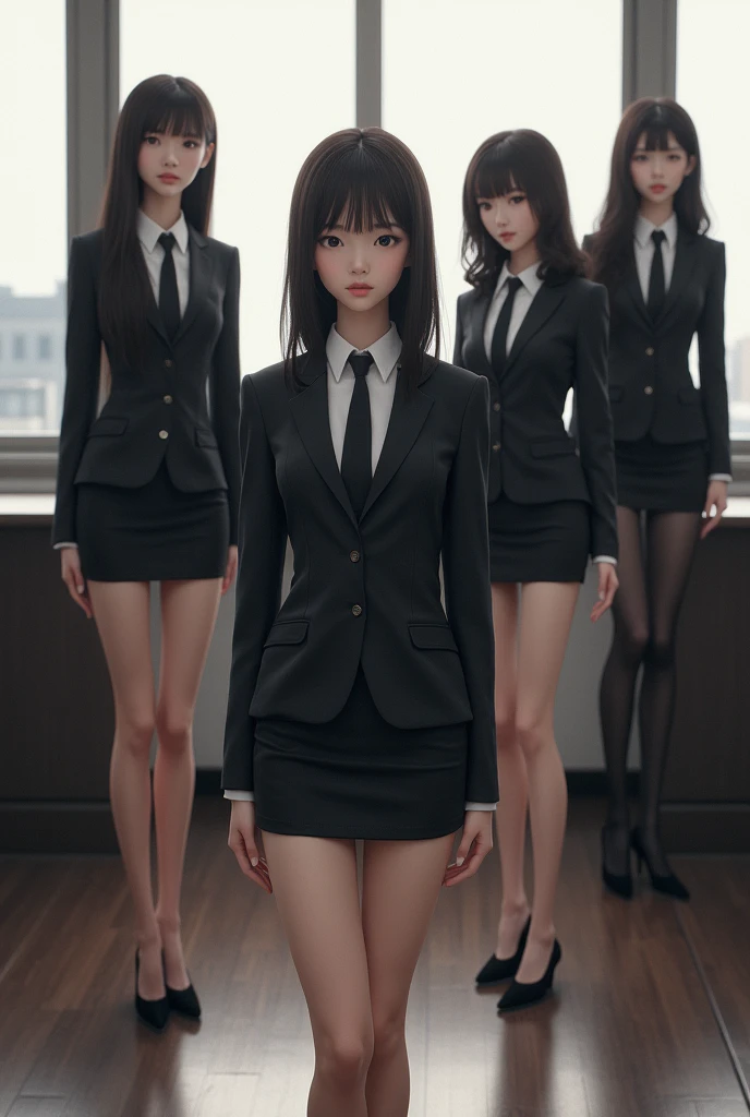 Five beautiful-legged secretaries, two of whom are wearing black tights, one Japanese and one Korean, all in recruitment suits, short tight skirts, prostrating themselves