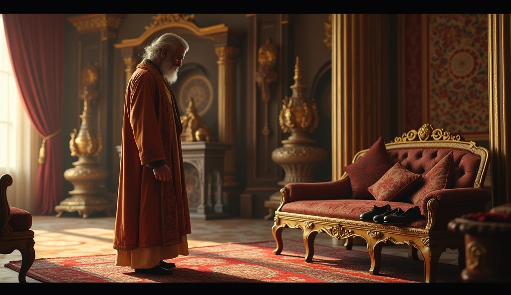 The wealthy merchant is preparing to leave his lavish home, dressed in fine clothes. The interior is decorated with luxurious furniture, ornate rugs, and golden artifacts. He looks at a pair of expensive, polished shoes on a shelf, deciding to wear them for his visit to the temple.
