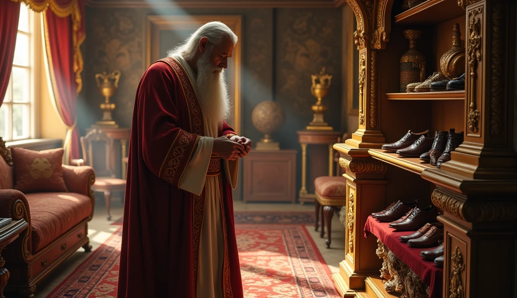 The wealthy merchant is preparing to leave his lavish home, dressed in fine clothes. The interior is decorated with luxurious furniture, ornate rugs, and golden artifacts. He looks at a pair of expensive, polished shoes on a shelf, deciding to wear them for his visit to the temple.