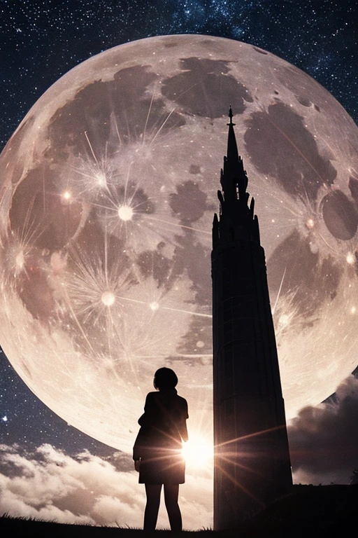 Highest quality,Big moon and shadow,A silhouette of a person can be seen against the backdrop of a large moon.,There is one full moon,There is a mood,Beautiful scenery,Starry Sky