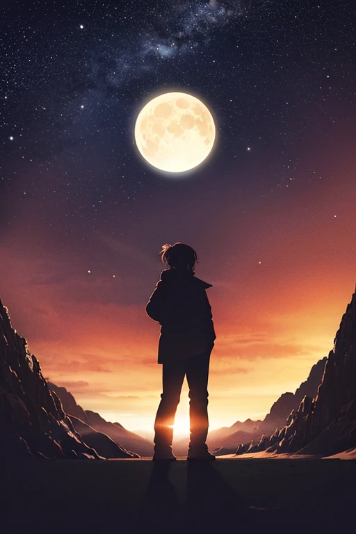Highest quality,Big moon and shadow,A silhouette of a person can be seen against the backdrop of a large moon.,There is one full moon,There is a mood,Beautiful scenery,Starry Sky