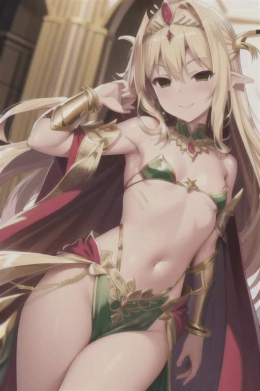 Semi-long blonde hair Only the tip is green tiara Precious metals Red Cape Royalty girl front From the waist up Background white A big smile Small breasts Slender necklace Bracelet Shoulder Bare Slut
