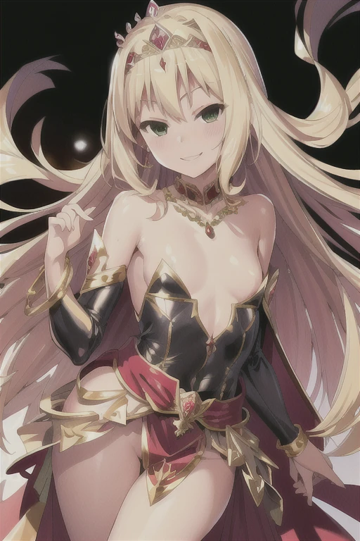 Semi-long blonde hair　Only the tip is green　tiara　Precious metals　Red Cape　Royalty　girl　front　From the waist up　Background white　A big smile　Small breasts　Slender　necklace　Bracelet　Shoulder Bare　Slut