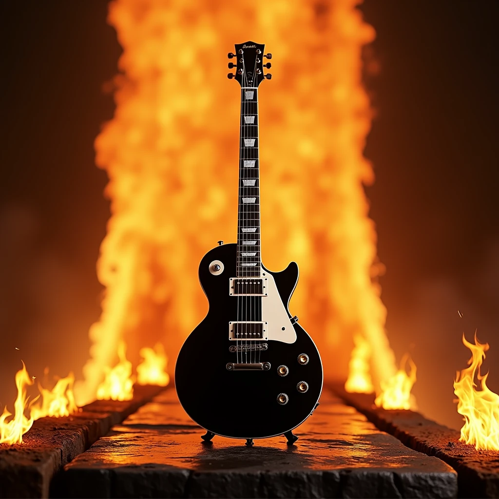 Les Paul electric guitar, Glossy black with white, perfect proportions: 1,5, standing on an altar, a long wall of fire in the background, fire on the sides of the guitar. close up view. realistic art style.