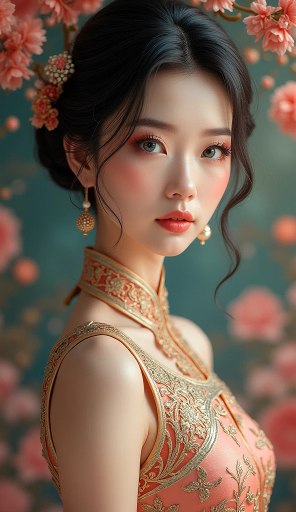 a woman in a white and gold cheongsam, elegant full body, makeup, multicolored hair, black hair, look at viewer, Oval face, fine face, Fine eyes, Blue eyes, Detail eyes, Double eyelids, (Pearl earrings:1.2), Highly Detailed Skin Texture, Golden ratio, gorgeous Chinese model, beautiful oriental woman, beautiful goddess, beautiful Asian girl, royal elegant pose, gorgeous lady, classy, (Flower background:1.4), (Colorful:1.1) highest details, HDR, the appearance of the hourglass, portrait