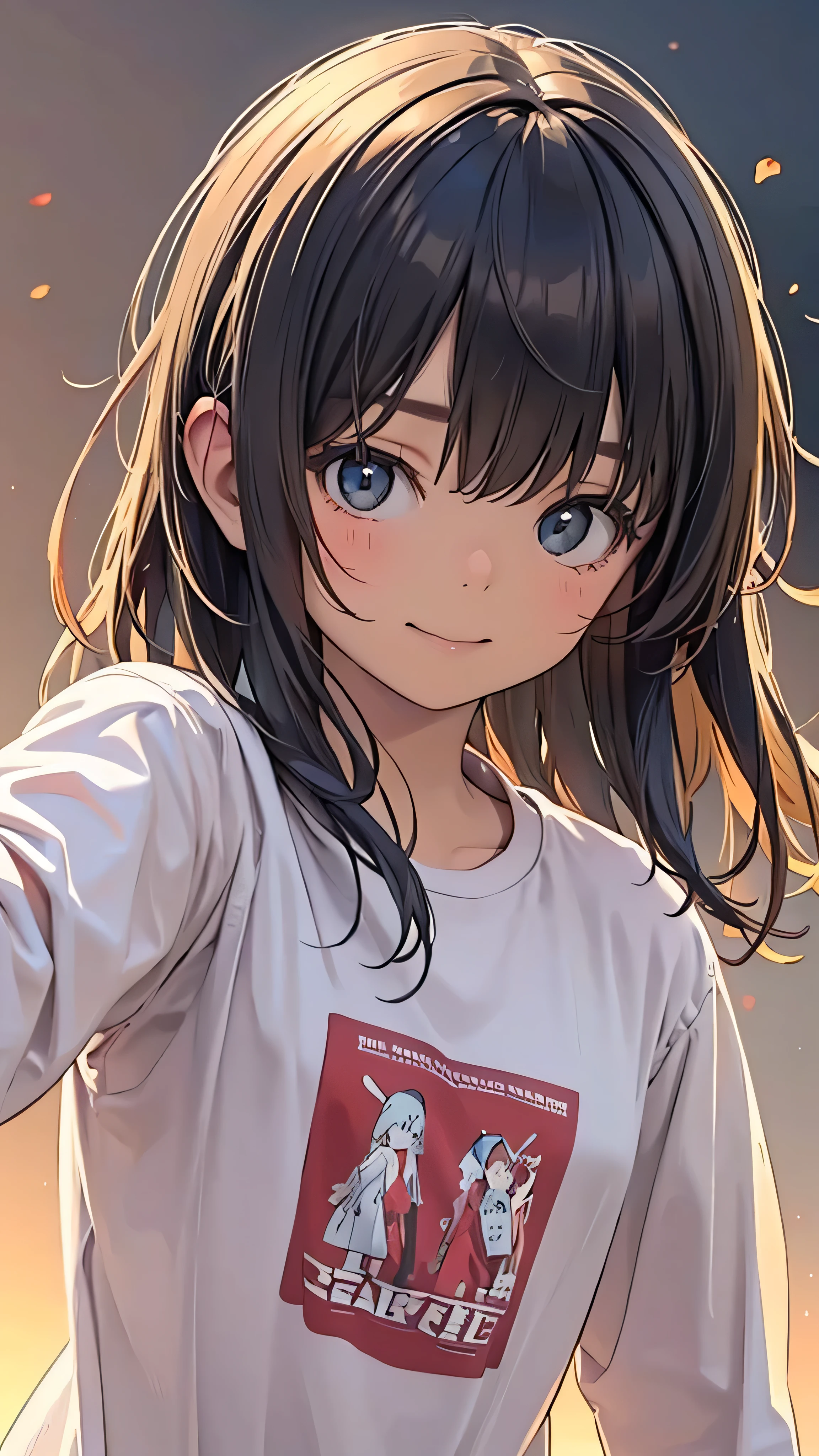 Official Art, wallpaper, Very detailed, (((Very detailedな目と顔))), Realistic portraits, (Highest quality, masterpiece, High resolution), (High resolutionスキン: 1.2), 8K Ultra HD, Backlight, Background Blur, smile, One Girl, Girl in white shirt, Beautiful girl, Attractive and beautiful, Beautiful face and perfect skin, Diffused, Natural skin glow, Attractive and beautiful, Enveloped in golden light, Gorgeous and attractive face, Soft Golden Hour Lighting, natural beauty expressive pose, Soft golden light, Attractive girl, Beautiful girl, Golden Background, , Dynamic Angle