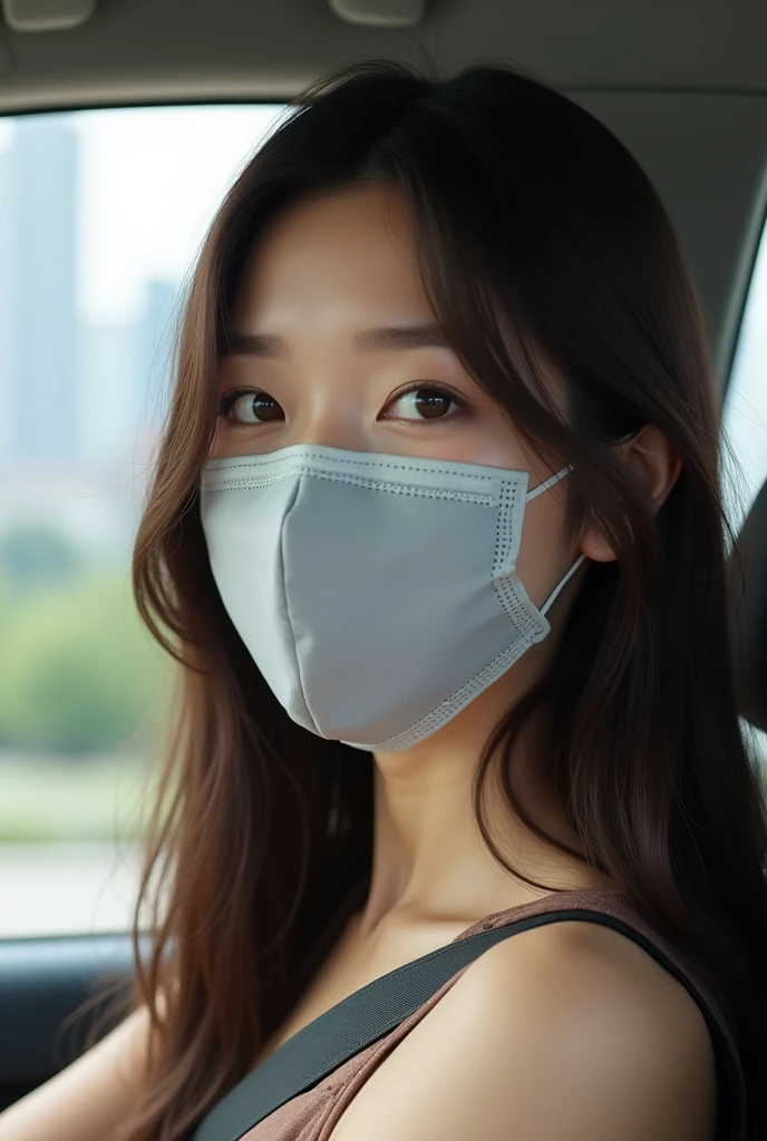 A close-up portrait of a young woman with long, straight dark brown hair, partially visible from the shoulders up. She is wearing a light gray face mask that covers her nose and mouth, highlighting her expressive, almond-shaped brown eyes. The woman is seated inside a vehicle, and the background shows a blurred urban environment with hints of tall buildings and a bright sky, creating a sense of depth and movement. Her hair is parted slightly to the side, and the lighting is soft, with natural light illuminating her face, adding a gentle glow to her complexion. She is wearing a brown sleeveless top, and a car seatbelt is visible over her shoulder, suggesting she is a passenger. The overall mood of the image is calm and composed.