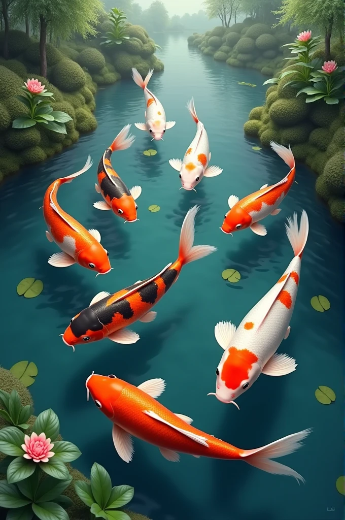 Seven koi fish in pond 