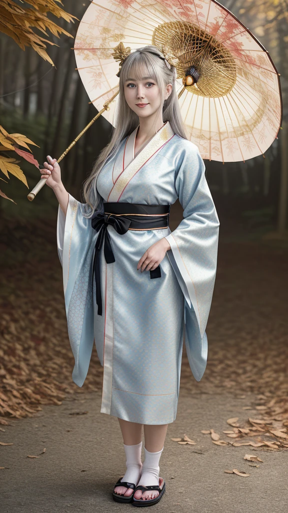 “A high-resolution 8k image of a woman with long silver hair, slightly tousled, and light blue eyes. She is wearing a traditional Japanese furisode kimono, featuring a white base with black and gold patterns. The date-eri (collar) is red, and the inner layer (robe) is white. She has a black obi (sash) adorned with gold patterns. Her hair is decorated with floral ornaments, and she is wearing white tabi socks with pink zori sandals. The scene is set against a background of autumn leaves with a cinematic glow, and she is holding a traditional janome-gasa umbrella."solo, High resolution, Gaze, smile,