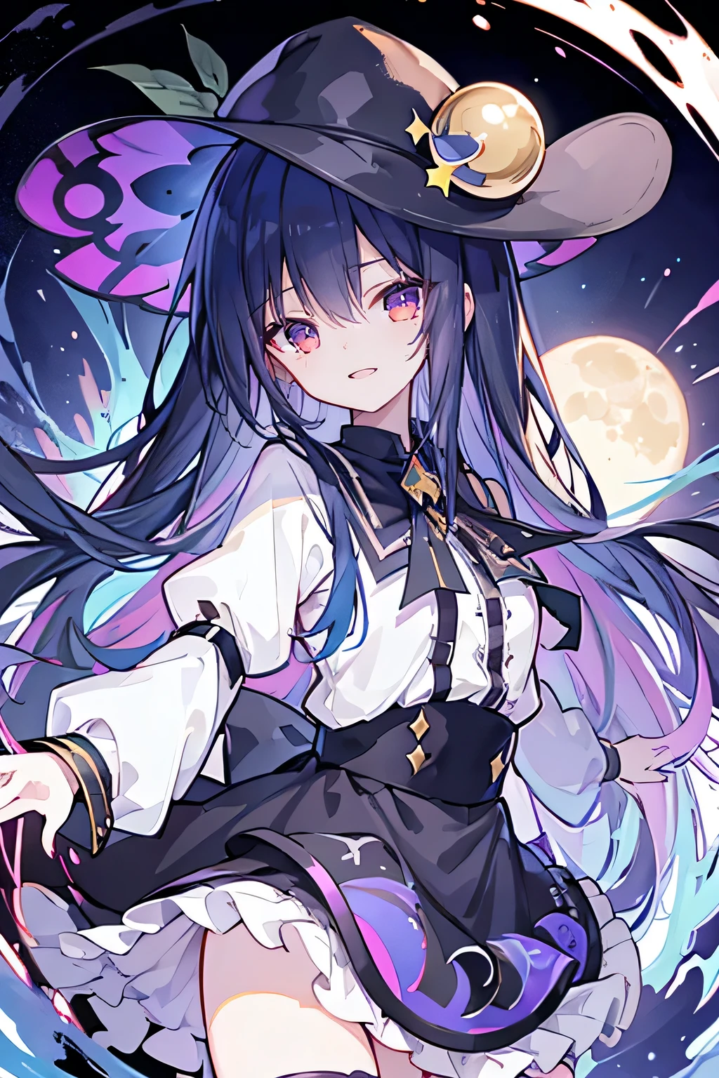 oung Girls,Humanity,A magician always smiles,big witch hat,cute,dark blue long hair,The eyes are dull,The bangs are heavy,Thin eyebrows,fantasy,intake,Double teeth,Star Theme,Constellation pattern,Solid color clothetal decoration,cloak,A bit of a dark atmosphere,A little crazy smile,When the big moon shines outside at night,blood,Hair black star embellishment,Short tie,No nails,High waist skirt,Bell sleeves,Long-sleeved shirt,Black tie,low risk,gentlemen。Mist、Yellow and white effect，Shocking pink as an accent color